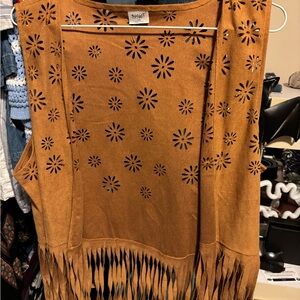 Spirit Tan Faux Suede Fringe Vest with Laser-Cut Floral Motif